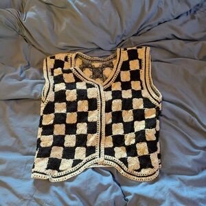 Black and White Checkered Crochet Vest